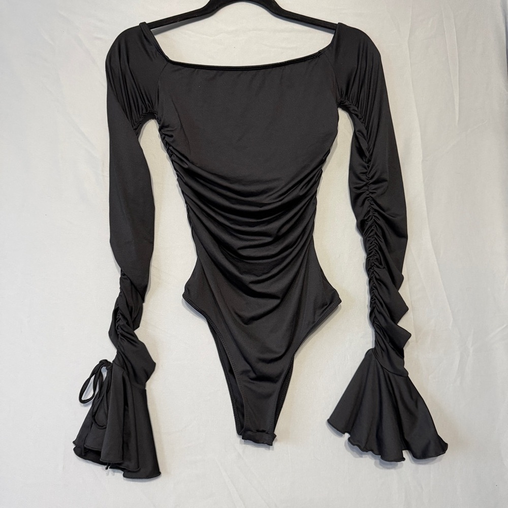 Womens Ruched Long Sleeve Bodysuit XS Black Whimsigoth Fairy Grunge Witchy Goth